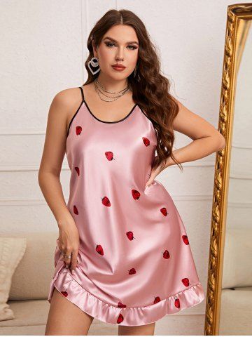 Plus Size Strawberry Printed Backless Flounce Cami Sleep Dress - LIGHT PINK - 3XL