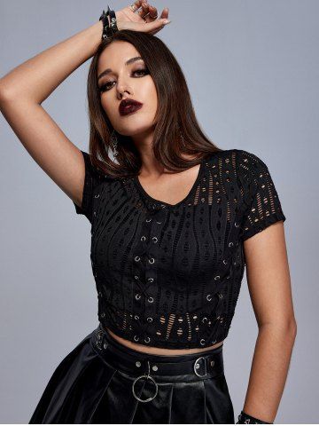 Gothic Lace-up Hollow Out Cropped Top - BLACK - L | US 12