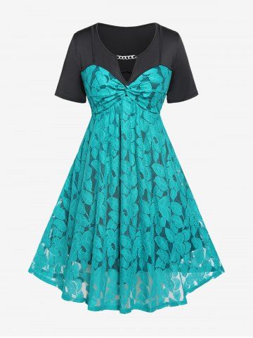 Plus Size Chain Panel Twisted Double Layered Lace Dress - GREEN - 5X | US 30-32