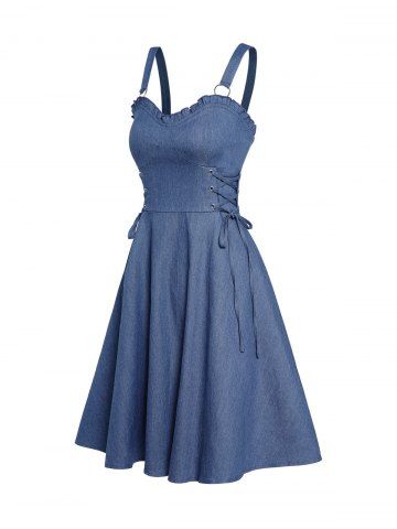 Ruffle Hem Empire Waist Lace Up Sleeveless A Line Short Denim Dress - BLUE - S