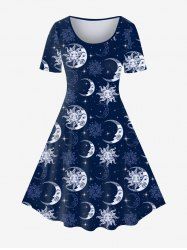 Plus Size Sun Moon Glitter Print Short Sleeve Dress -  