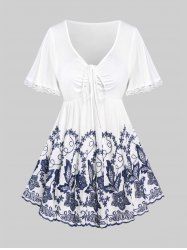 Plus Size Lace Up Ruched Flower Figure Print Short Sleeve T-Shirt -  