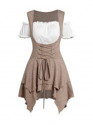 Vintage Lace Up Layered Asymmetric Top And Off The Shoulder Ruffles Short Sleeve T-shirt Set -  