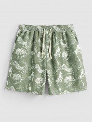 Tropical Leaves Printed Drawstring Vacation Shorts -  