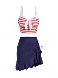 Stripe Print Padded Cinched Flounce Skorts Tankini Swimsuit -  
