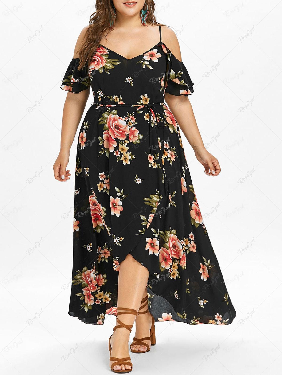 Fashion Plus Size Flower Print Lace Up Split Cold Shoulder Dress  