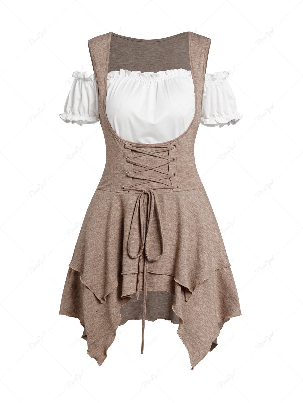 Outfits Vintage Lace Up Layered Asymmetric Top And Off The Shoulder Ruffles Short Sleeve T-shirt Set  