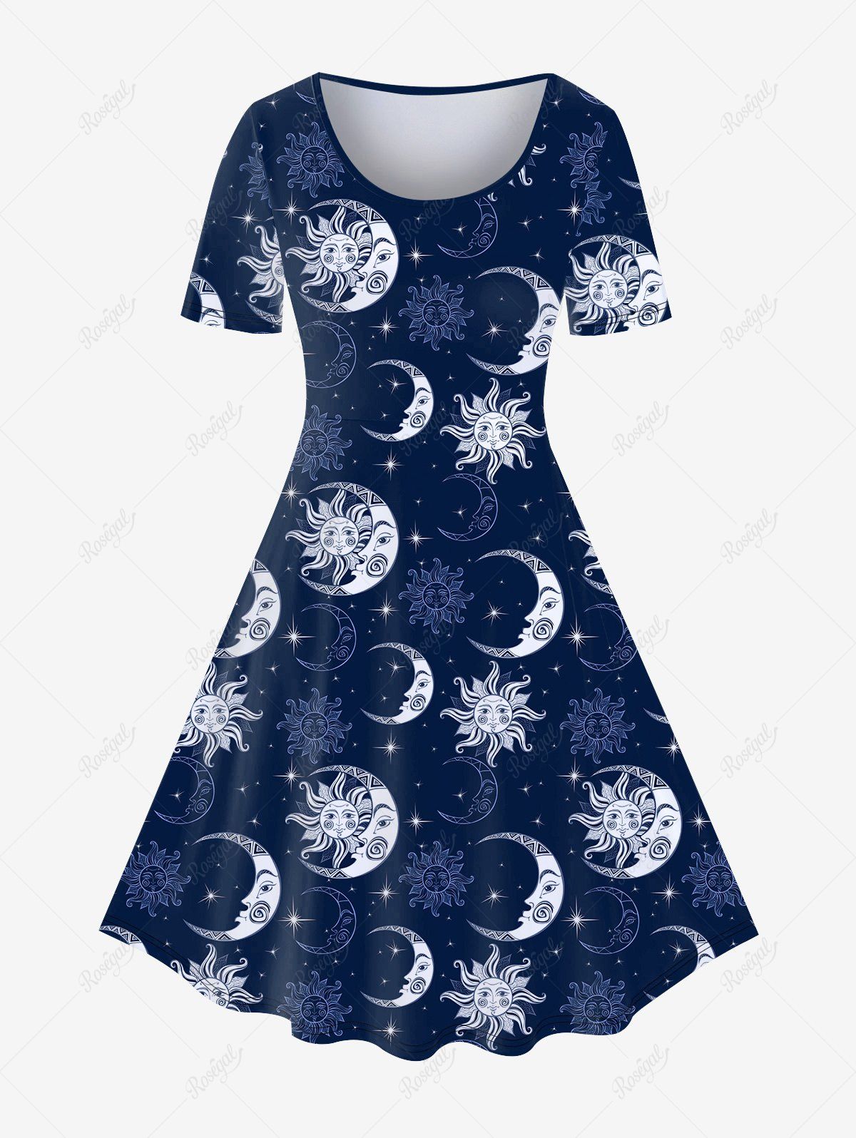 Chic Plus Size Sun Moon Glitter Print Short Sleeve Dress  