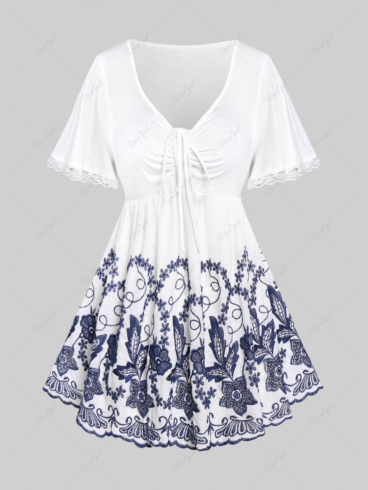Hot Plus Size Lace Up Ruched Flower Figure Print Short Sleeve T-Shirt  