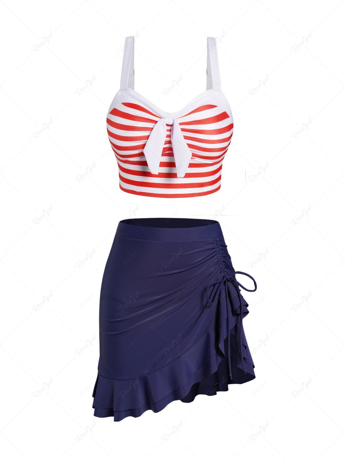 New Stripe Print Padded Cinched Flounce Skorts Tankini Swimsuit  