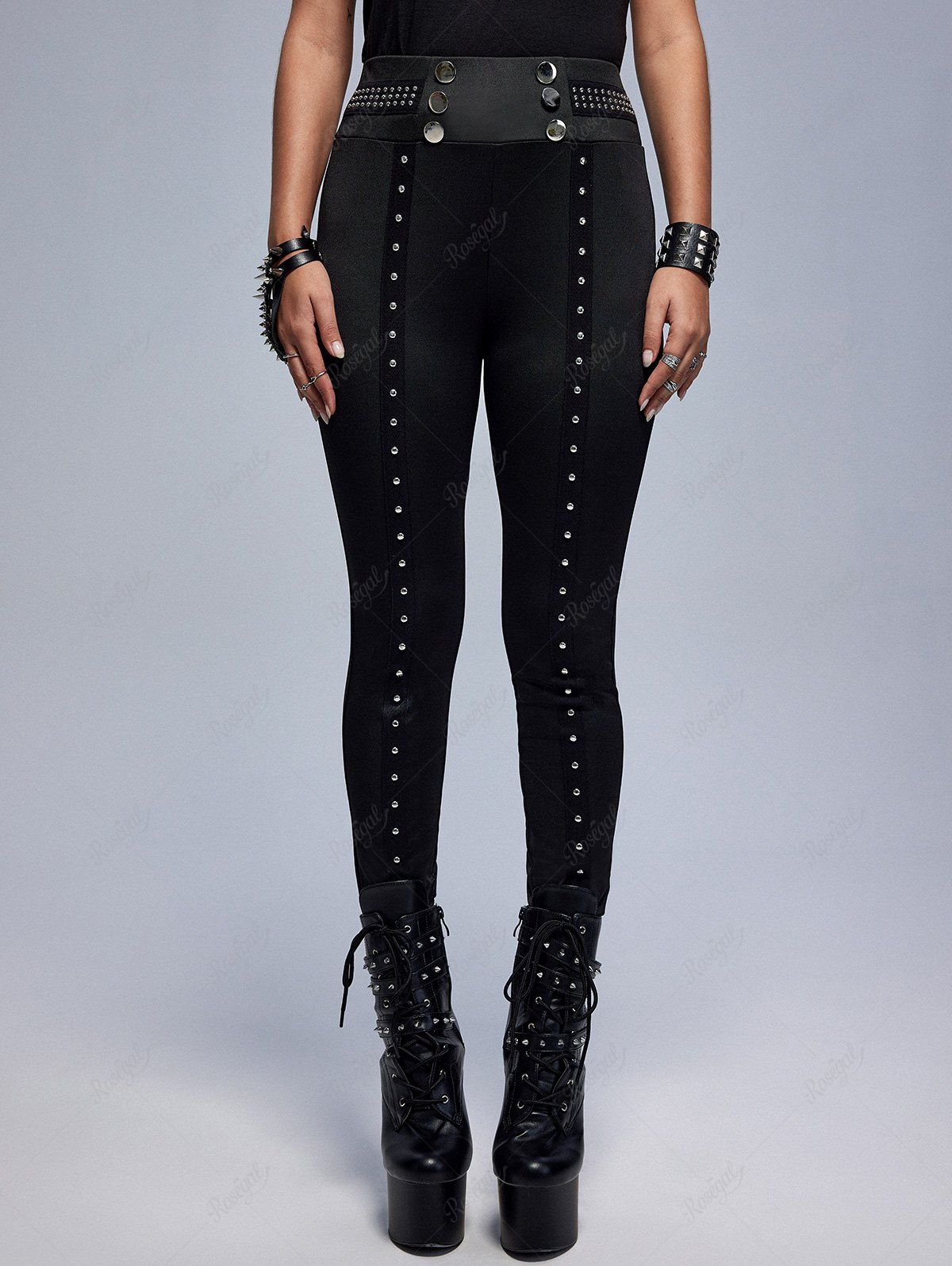 Outfit Gothic Studs Skinny Wide Waistband Pants  