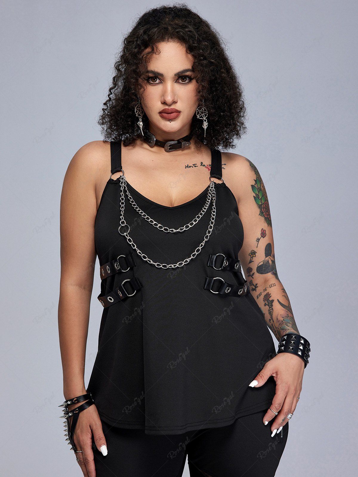 Outfit Gothic Grommets Chain Ring Decor PU Leather Straps Tank Top  