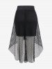 Gothic Fishnet Overlay Grommets Buckle High Low Skirt -  