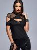 Gothic Net Panel Cutout Buckle Rivet Mock Neck Tee -  