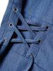Ruffle Hem Empire Waist Lace Up Sleeveless A Line Short Denim Dress -  