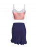 Stripe Print Padded Cinched Flounce Skorts Tankini Swimsuit -  