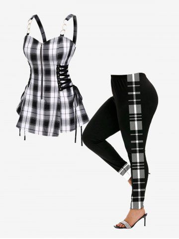 Lace-up Zipper Backless Tank Top and Plaid Colorblock Leggings Plus Size Outfit - WHITE