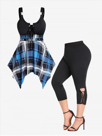 Plaid PU Leather Ring Buckle Grommet Lace Up Cami Top and Hollow Out Skinny Leggings Plus Size Outfit