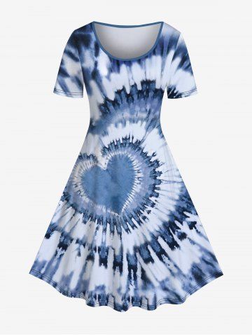 Plus Size Tie-Dye Heart Printed Dress - BLUE - 2X | US 18-20