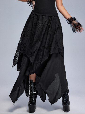 Gothic Lace Overlay Layered Handkerchief Hem Midi Skirt