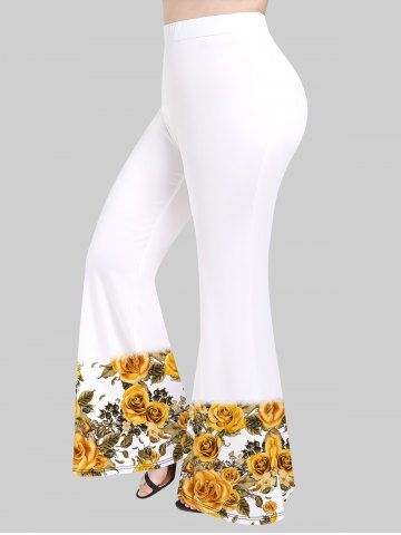 Plus Size Flower Leaves Print Flare Pants - WHITE - XS