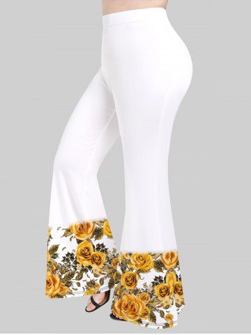 Plus Size Flower Leaves Print Flare Pants - WHITE - M