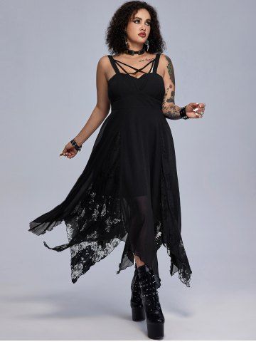 Gothic Lace Godet Crisscross Strappy Handkerchief Hem Chiffon Maxi Dress - BLACK - L | US 12