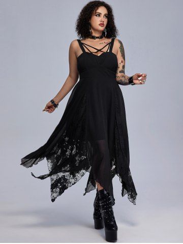 Gothic Lace Godet Crisscross Strappy Handkerchief Hem Chiffon Maxi Dress - BLACK - 1X | US 14-16