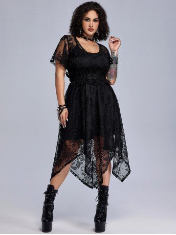 Gothic Embroidered Lace Handkerchief Hem Midi Dress - BLACK - 5X | US 30-32