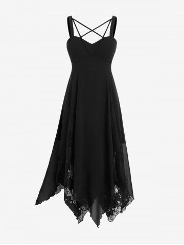 Gothic Lace Godet Crisscross Strappy Handkerchief Hem Chiffon Maxi Dress