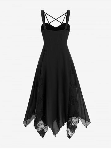 Gothic Lace Godet Crisscross Strappy Handkerchief Hem Chiffon Maxi Dress
