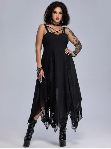 Gothic Lace Godet Crisscross Strappy Handkerchief Hem Chiffon Maxi Dress