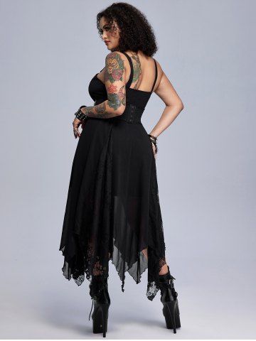 Gothic Lace Godet Crisscross Strappy Handkerchief Hem Chiffon Maxi Dress