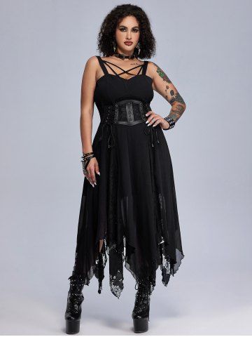 Gothic Lace Godet Crisscross Strappy Handkerchief Hem Chiffon Maxi Dress