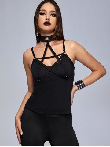 Gothic Halter Caged Cutout Lace-up Rings Cami Top - BLACK - M | US 10