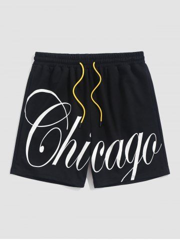 Chicago Letter Printed Sports Sweat Shorts - BLACK - L