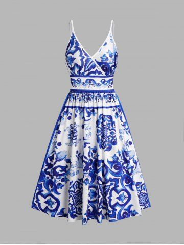 Floral Ceramic-print Surplice Plunge Spaghetti Strap Backless Dress - BLUE - S