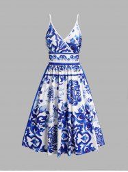 Robe Plongeante à Imprimé Florale à Bretelles Fine à Dos Nu - Bleu L