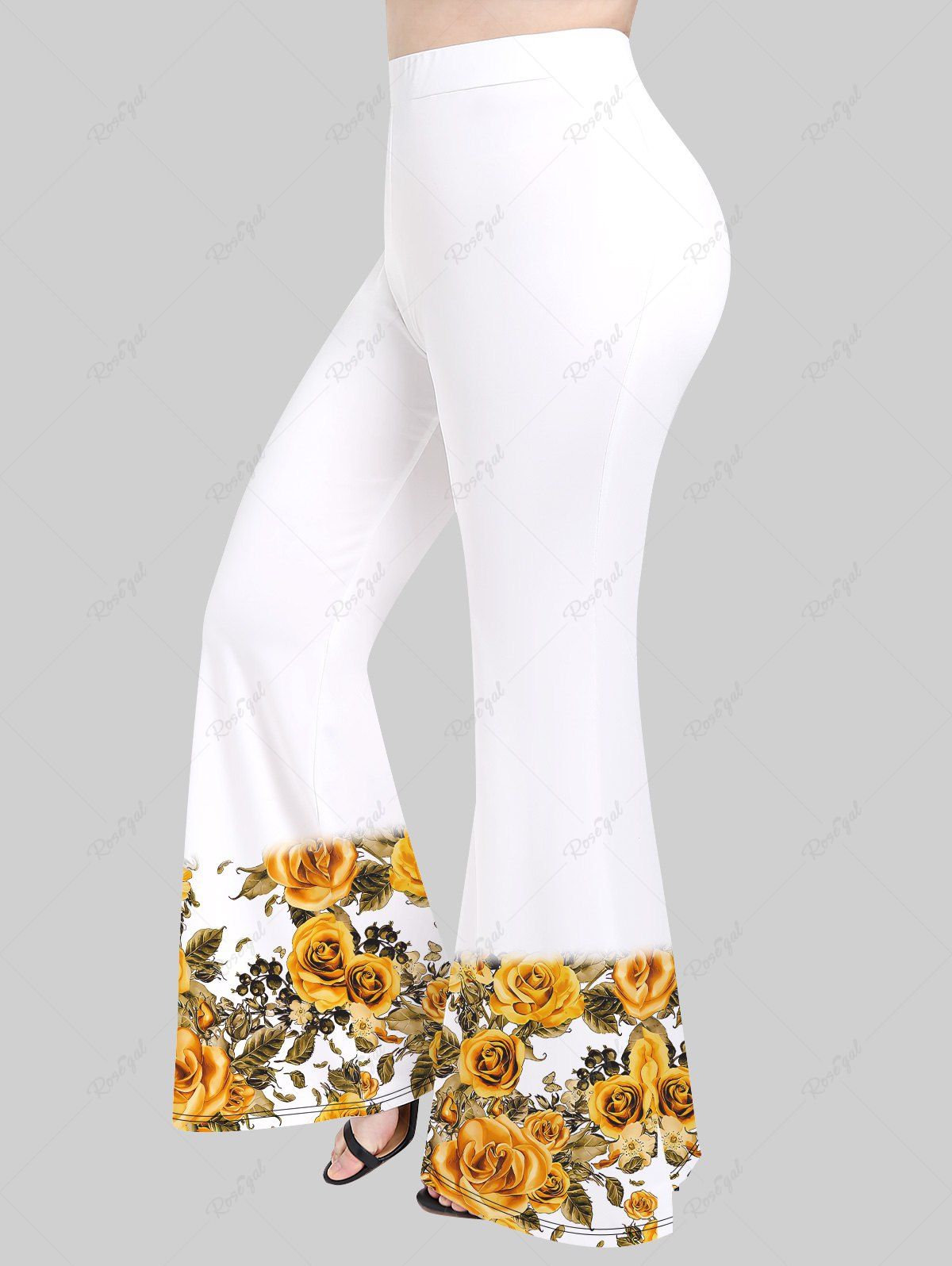 Pantalon Evasé Fleur Feuille Imprimée de Grande Taille Blanc 8X