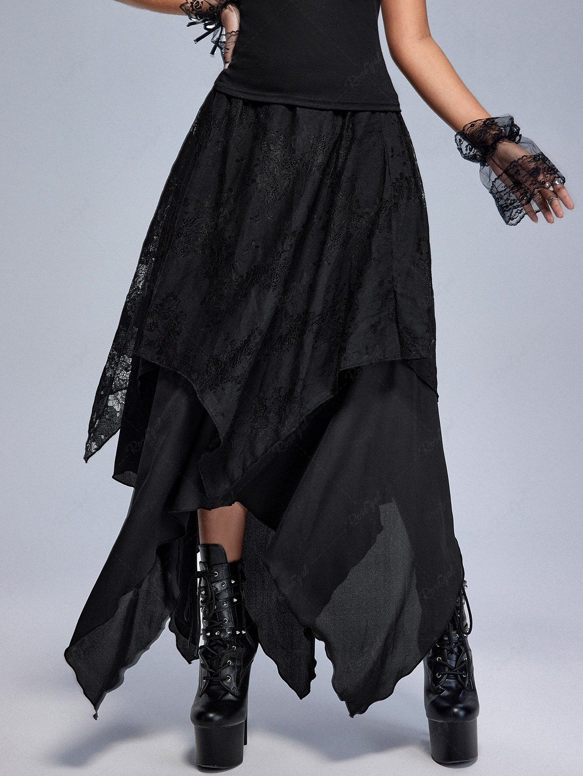 Unique Gothic Lace Overlay Layered Handkerchief Hem Midi Skirt  