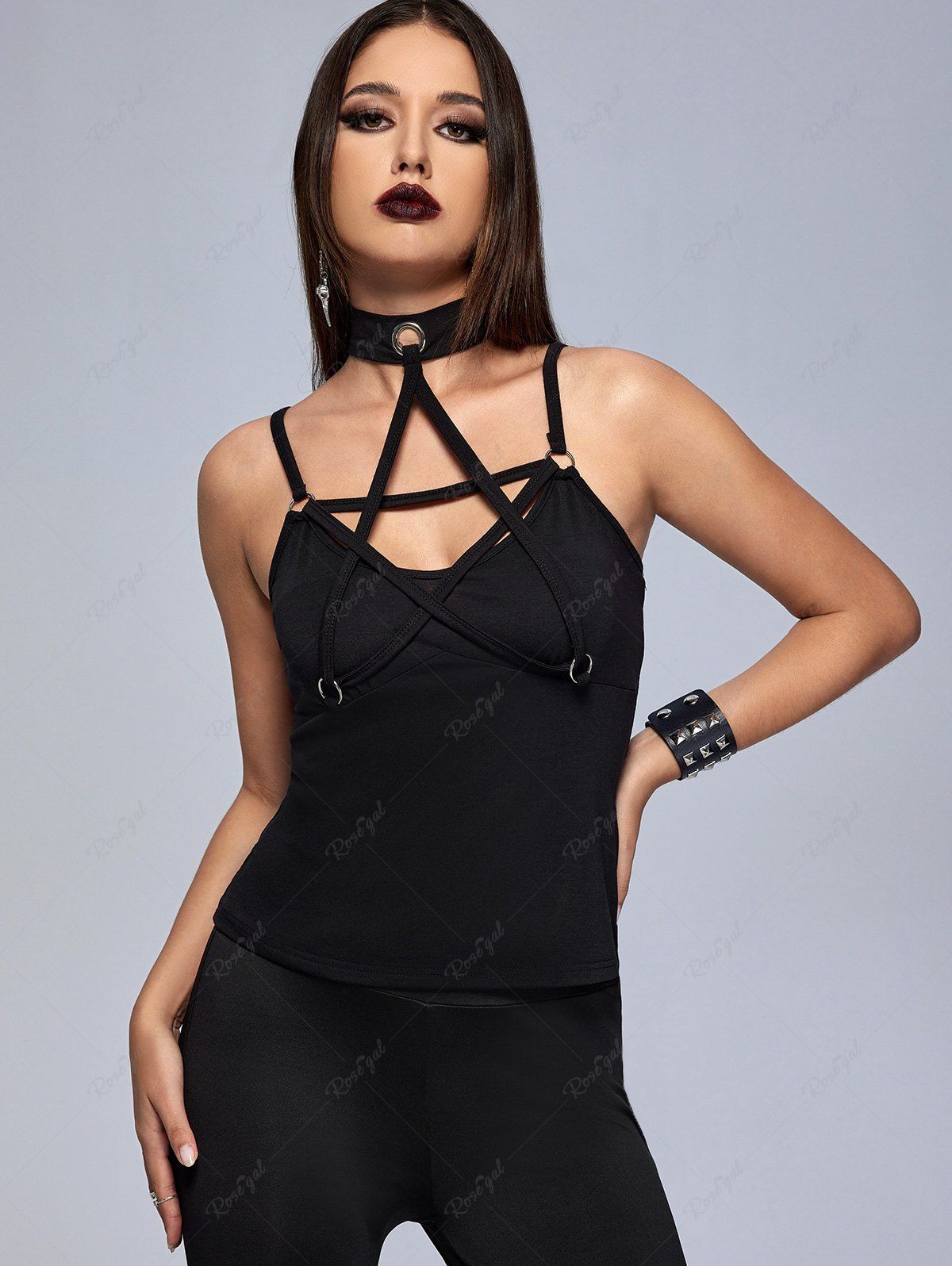 New Gothic Halter Caged Cutout Lace-up Rings Cami Top  