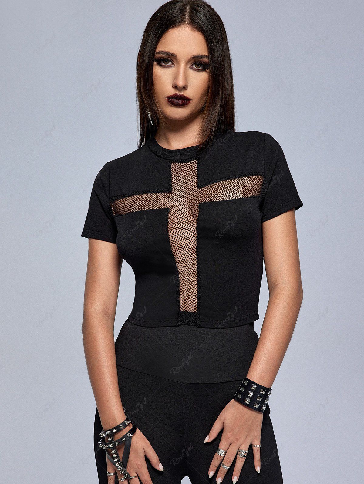 Buy Gothic Fishnet Panel Cross Cropped T-shirt  