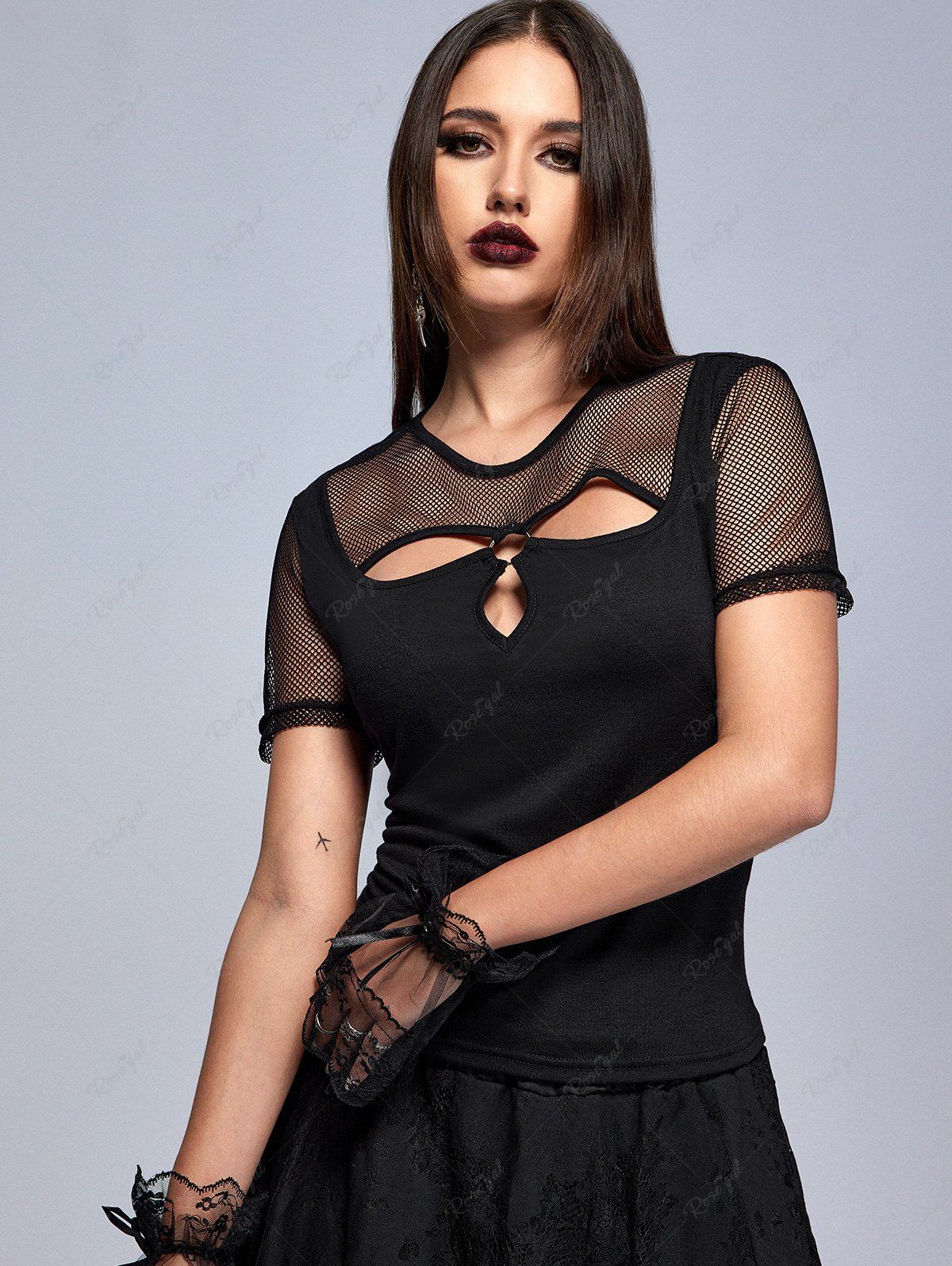 New Gothic Fishnet Mesh Panel Cutout Ring Top  