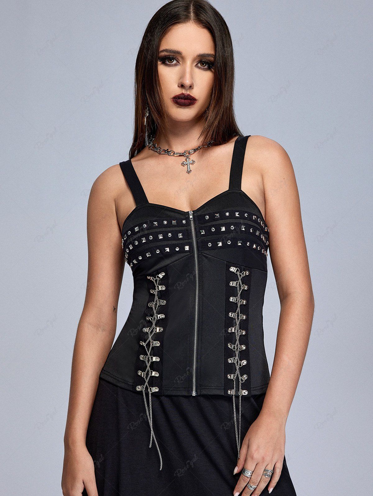 Shops Gothic Chain Lace-up Rivets Zip Front Tank Top  