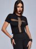 Gothic Fishnet Panel Cross Cropped T-shirt -  