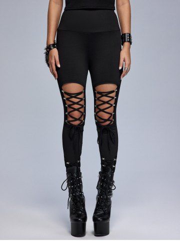 Gothic Lace-up Cutout Buckle Skinny Pants