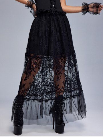 Gothic Lace Mesh Panel Flounce Pull On Midi Skirt - BLACK - L | US 12