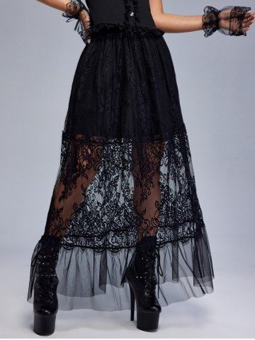 Gothic Lace Mesh Panel Flounce Pull On Midi Skirt - BLACK - 2X | US 18-20