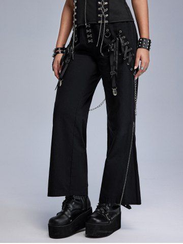 Gothic Hook and Eye Lace-up Zippered Chain Embellish Straight Pants - BLACK - 1X | US 14-16