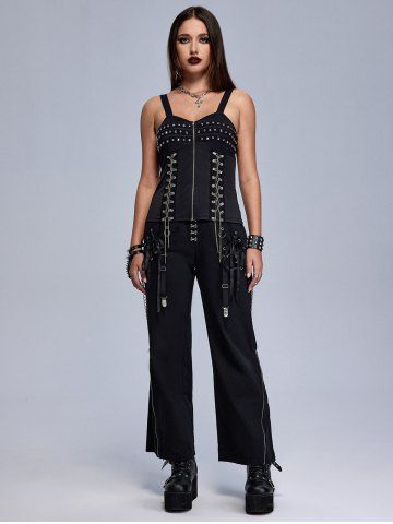 Gothic Hook and Eye Lace-up Zippered Chain Embellish Straight Pants